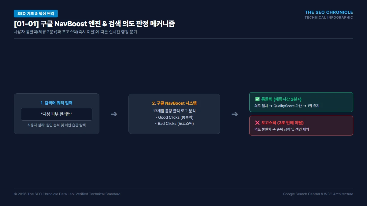 검색 의도 (Search Intent) 4대 유형 분석 및 SERP 역설계 핵심 아키텍처 다이어그램