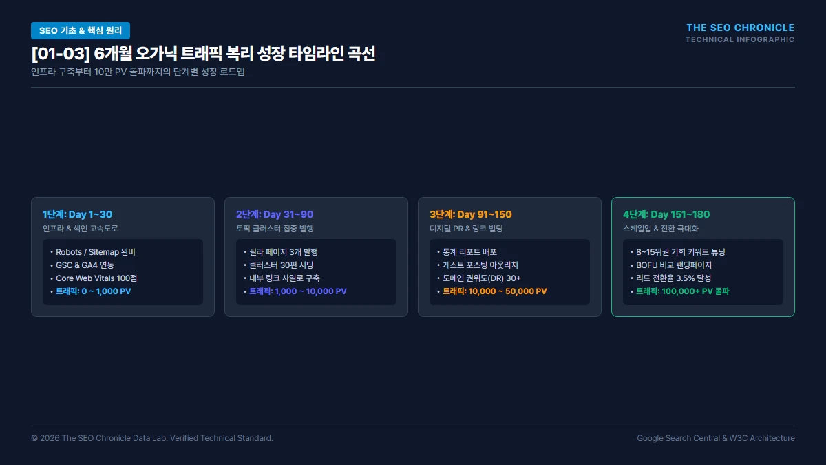 신규 웹사이트를 위한 6개월 SEO 로드맵 (Roadmap) 실행 가이드 핵심 아키텍처 다이어그램