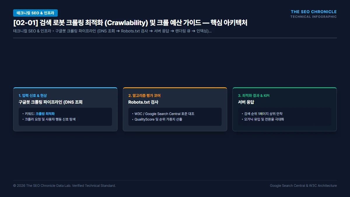 검색 로봇 크롤링 최적화 (Crawlability) 및 크롤 예산 가이드 핵심 아키텍처 다이어그램