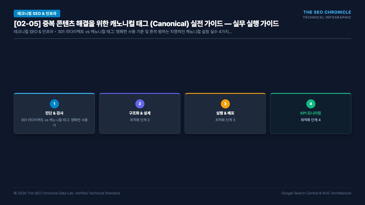 중복 콘텐츠 해결을 위한 캐노니컬 태그 (Canonical) 실전 가이드 실무 실행 가이드 인포그래픽