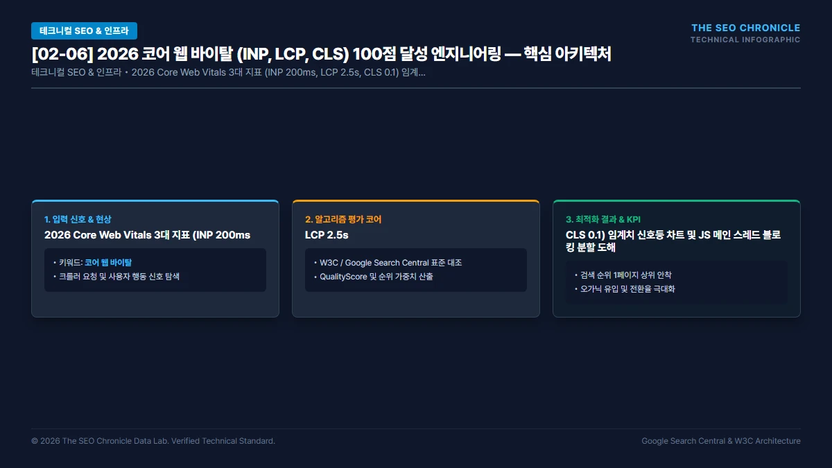 2026 코어 웹 바이탈 (INP, LCP, CLS) 100점 달성 엔지니어링 핵심 아키텍처 다이어그램