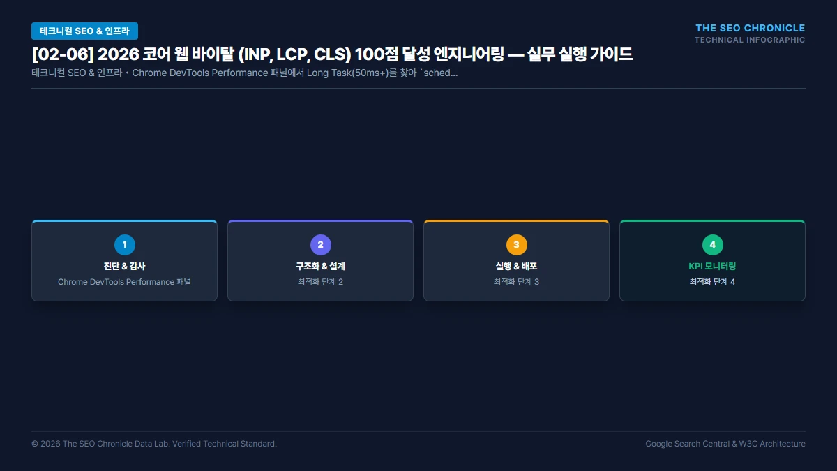 2026 코어 웹 바이탈 (INP, LCP, CLS) 100점 달성 엔지니어링 실무 실행 가이드 인포그래픽