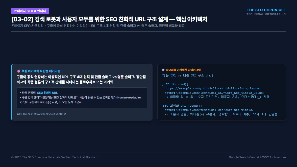 검색 로봇과 사용자 모두를 위한 SEO 친화적 URL 구조 설계 핵심 아키텍처 다이어그램