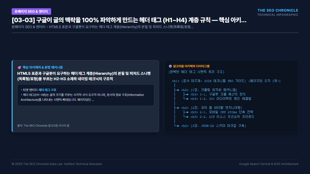 구글이 글의 맥락을 100% 파악하게 만드는 헤더 태그 (H1~H4) 계층 규칙 핵심 아키텍처 다이어그램