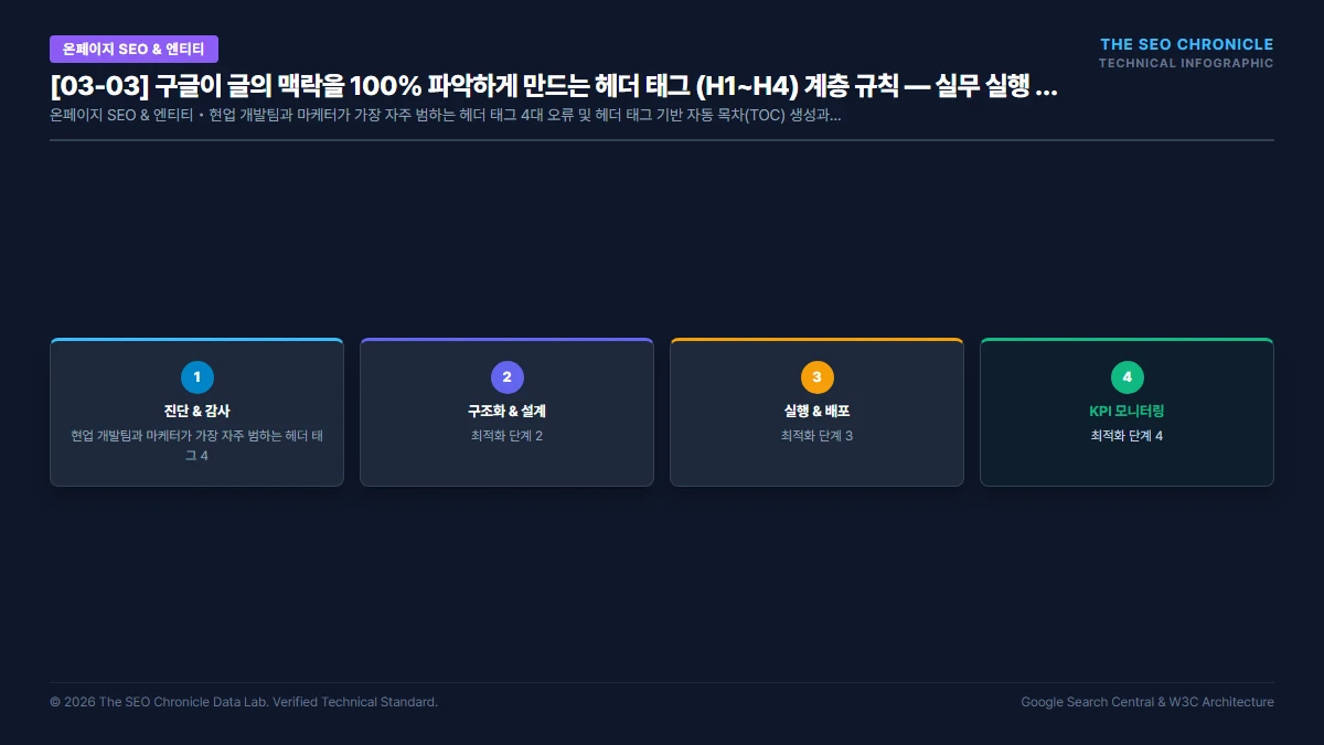 구글이 글의 맥락을 100% 파악하게 만드는 헤더 태그 (H1~H4) 계층 규칙 실무 실행 가이드 인포그래픽