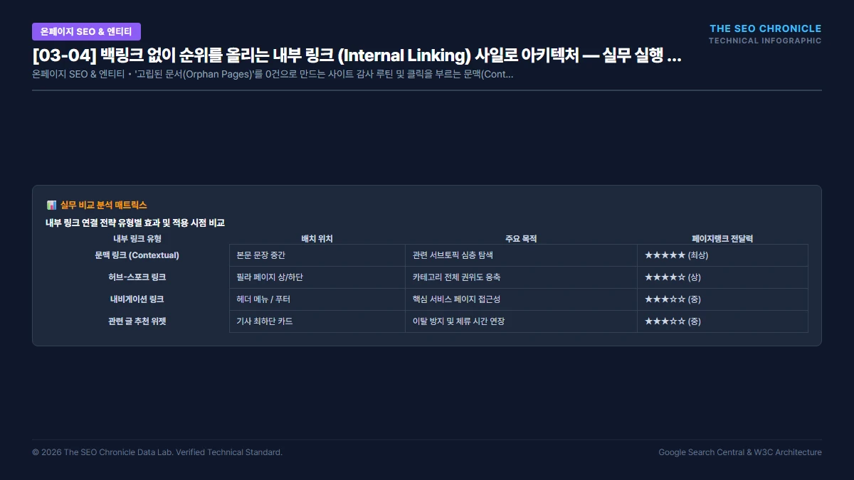 백링크 없이 순위를 올리는 내부 링크 (Internal Linking) 사일로 아키텍처 실무 실행 가이드 인포그래픽