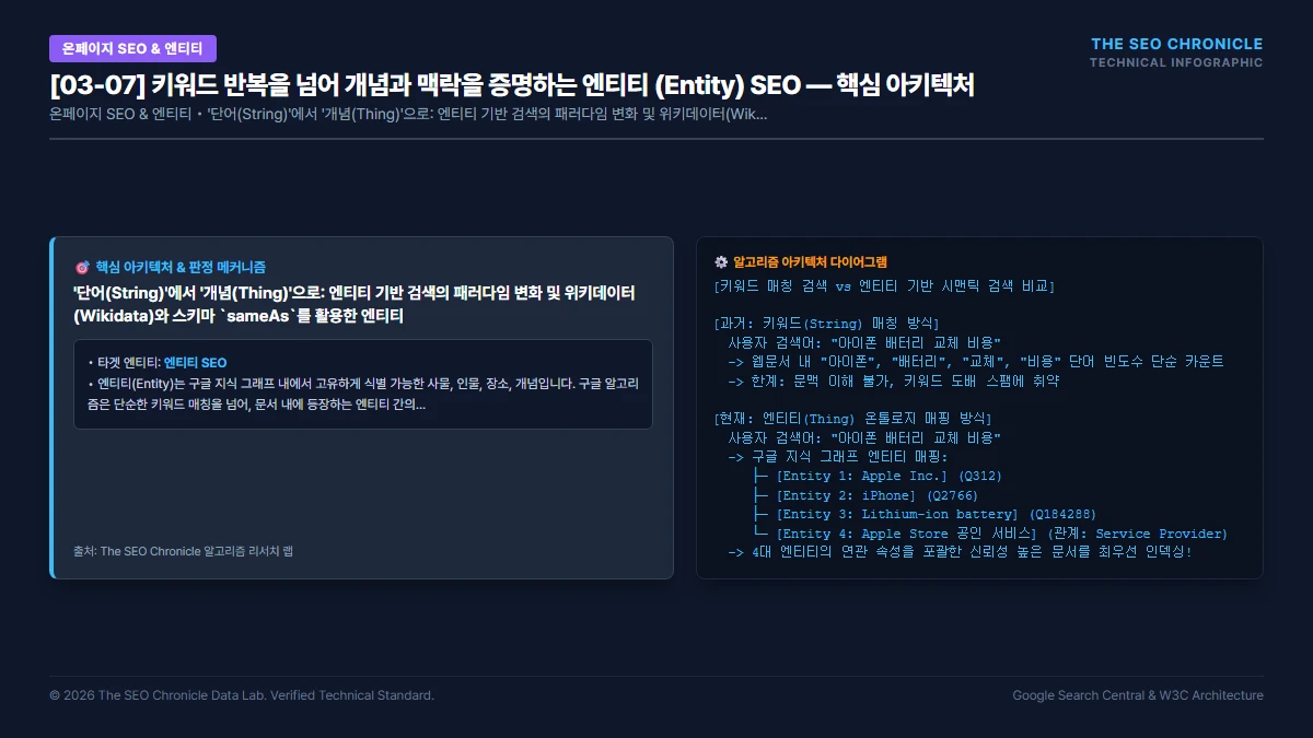 키워드 반복을 넘어 개념과 맥락을 증명하는 엔티티 (Entity) SEO 핵심 아키텍처 다이어그램