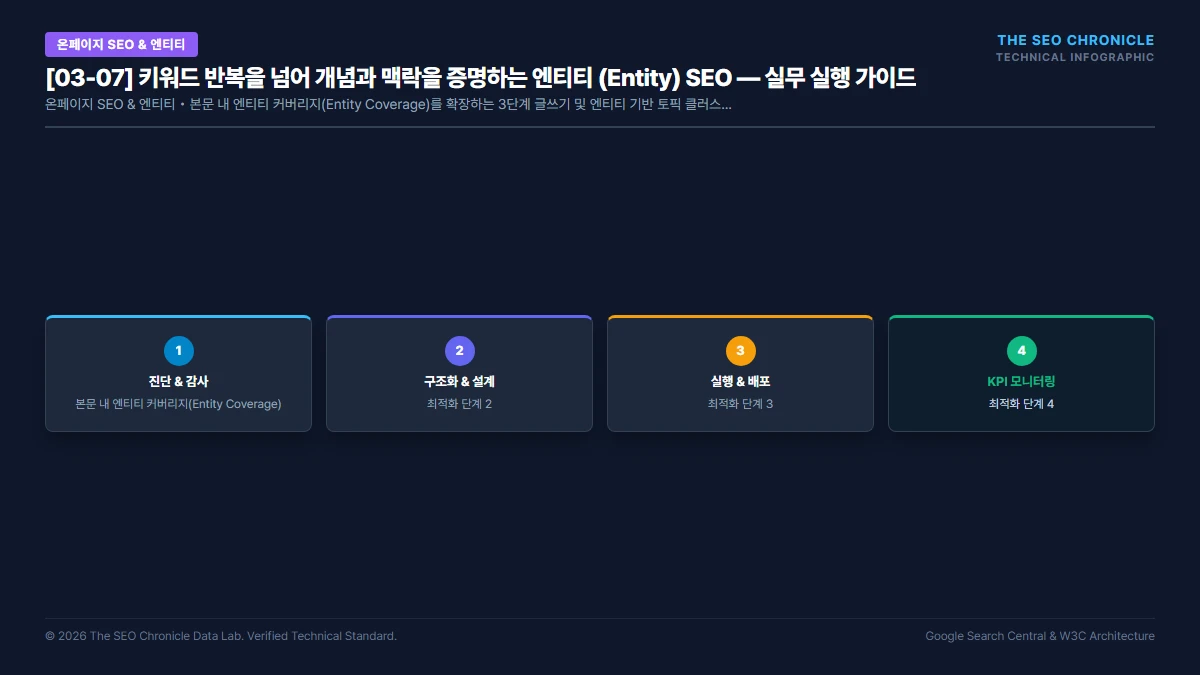 키워드 반복을 넘어 개념과 맥락을 증명하는 엔티티 (Entity) SEO 실무 실행 가이드 인포그래픽