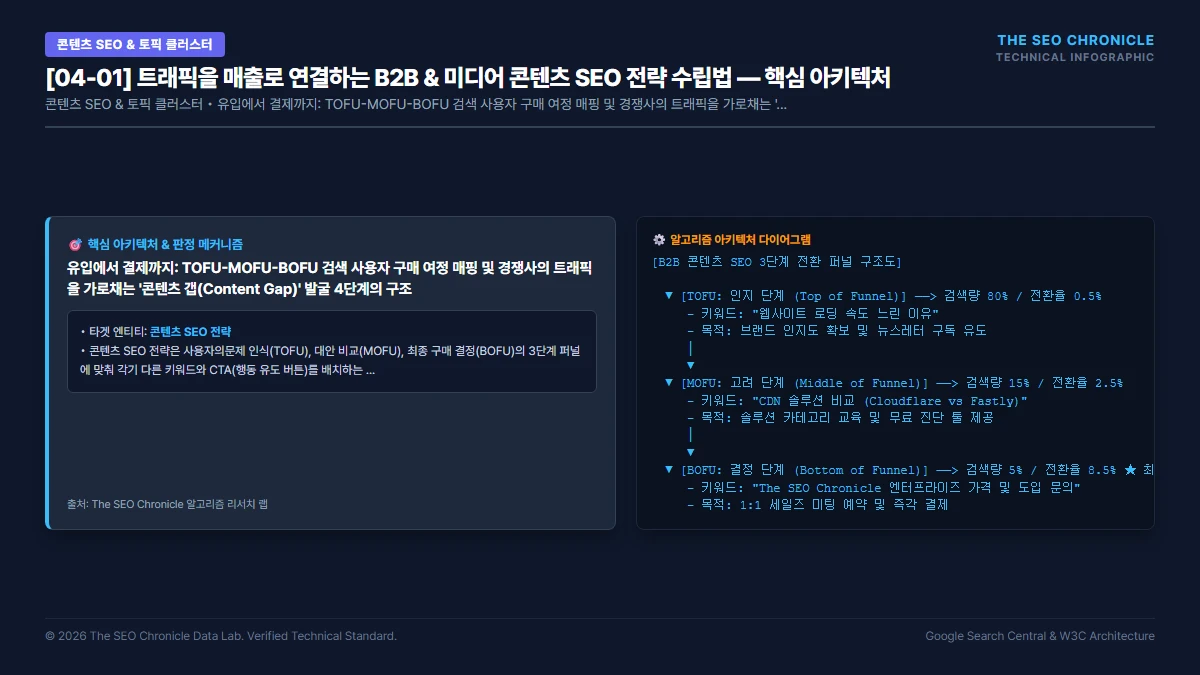 트래픽을 매출로 연결하는 B2B & 미디어 콘텐츠 SEO 전략 수립법 핵심 아키텍처 다이어그램