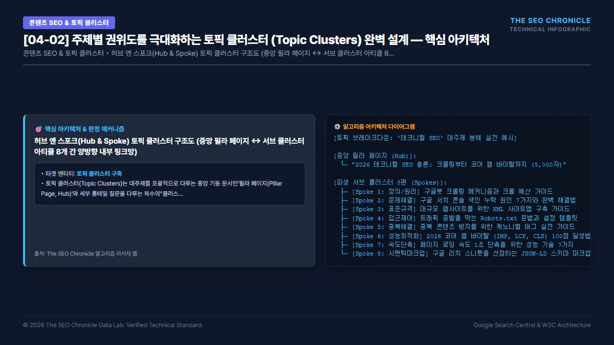 주제별 권위도를 극대화하는 토픽 클러스터 (Topic Clusters) 완벽 설계 핵심 아키텍처 다이어그램