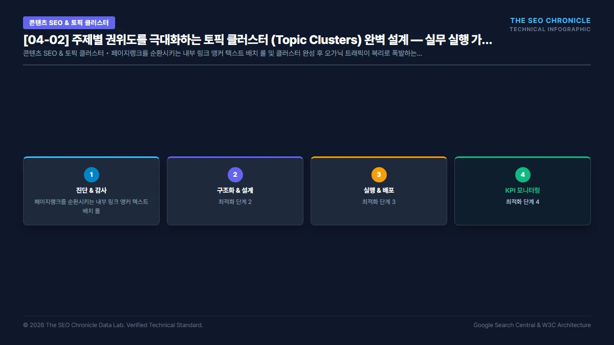 주제별 권위도를 극대화하는 토픽 클러스터 (Topic Clusters) 완벽 설계 실무 실행 가이드 인포그래픽