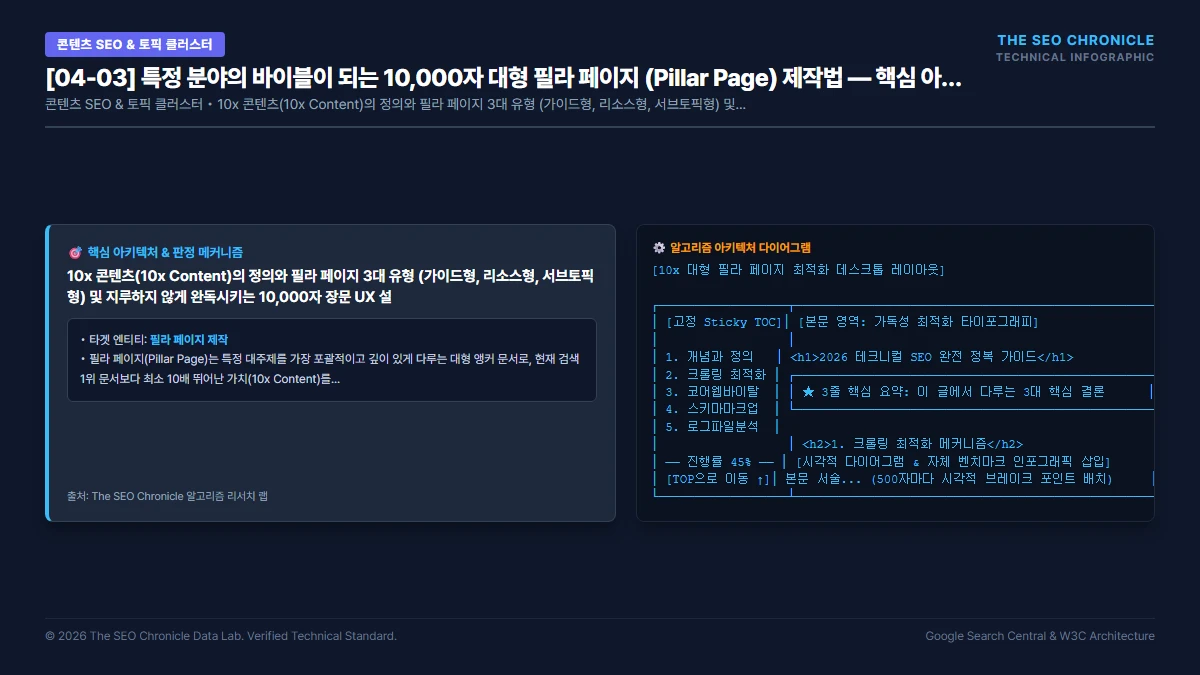 특정 분야의 바이블이 되는 10,000자 대형 필라 페이지 (Pillar Page) 제작법 핵심 아키텍처 다이어그램