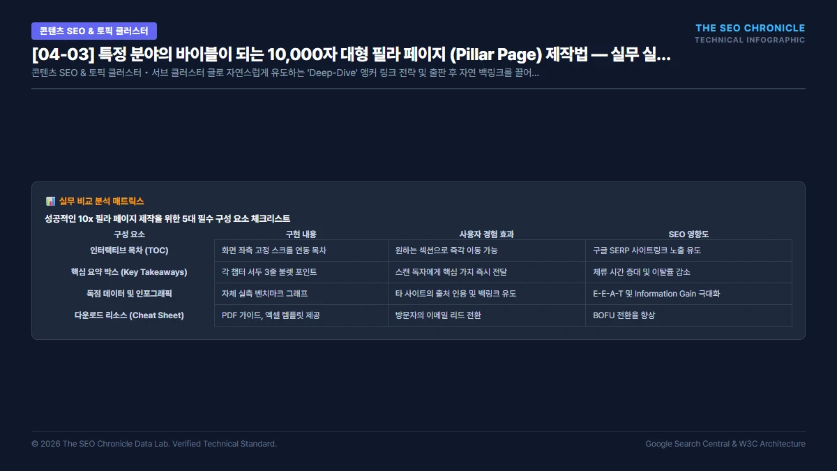 특정 분야의 바이블이 되는 10,000자 대형 필라 페이지 (Pillar Page) 제작법 실무 실행 가이드 인포그래픽