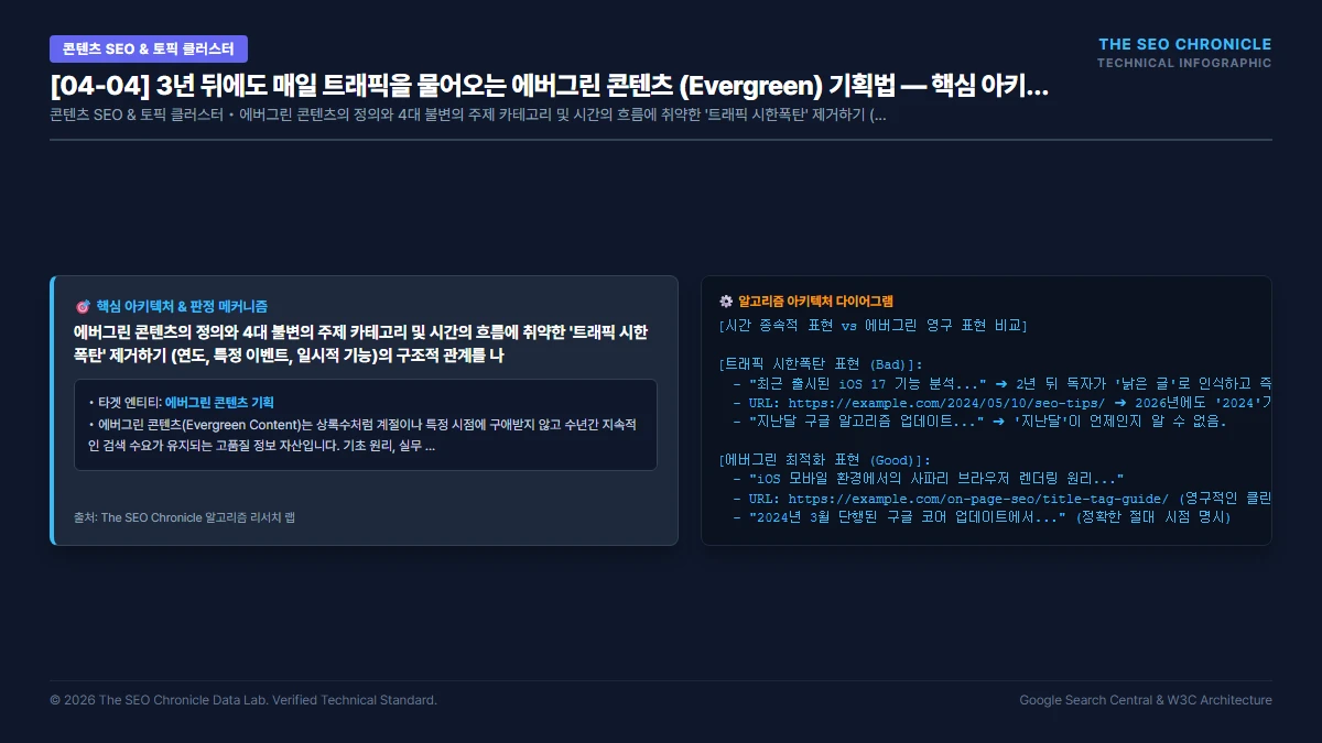 3년 뒤에도 매일 트래픽을 물어오는 에버그린 콘텐츠 (Evergreen) 기획법 핵심 아키텍처 다이어그램