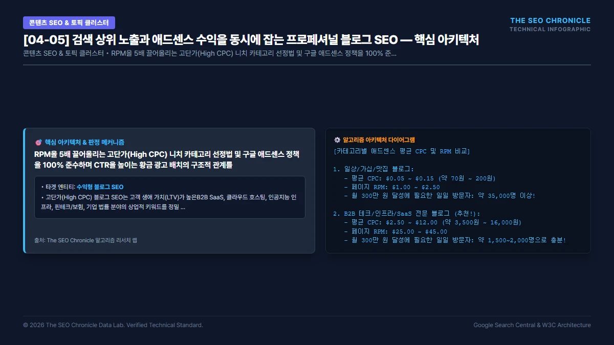 검색 상위 노출과 애드센스 수익을 동시에 잡는 프로페셔널 블로그 SEO 핵심 아키텍처 다이어그램