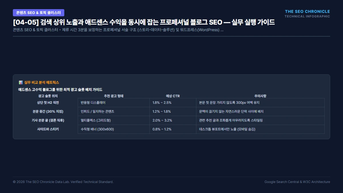 검색 상위 노출과 애드센스 수익을 동시에 잡는 프로페셔널 블로그 SEO 실무 실행 가이드 인포그래픽