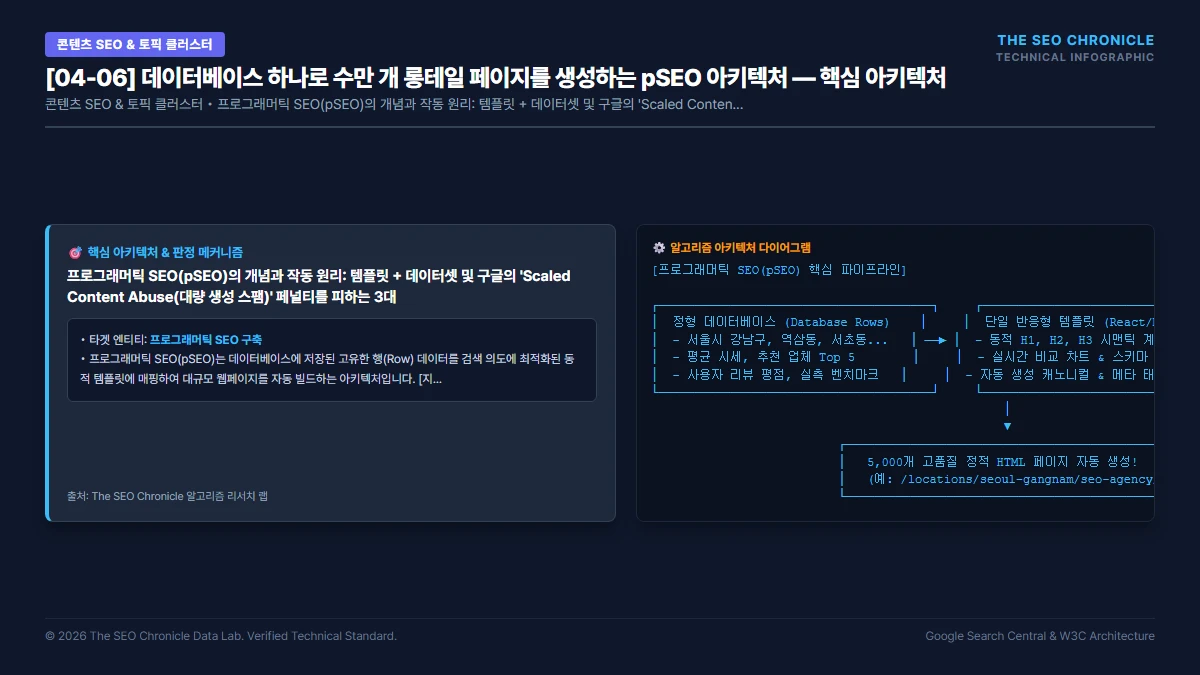 데이터베이스 하나로 수만 개 롱테일 페이지를 생성하는 pSEO 아키텍처 핵심 아키텍처 다이어그램