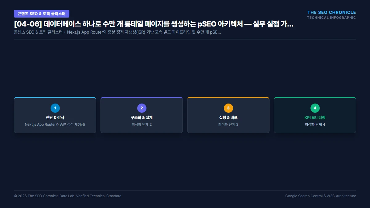 데이터베이스 하나로 수만 개 롱테일 페이지를 생성하는 pSEO 아키텍처 실무 실행 가이드 인포그래픽