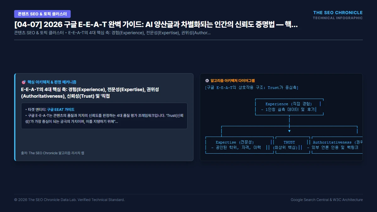 2026 구글 E-E-A-T 완벽 가이드: AI 양산글과 차별화되는 인간의 신뢰도 증명법 핵심 아키텍처 다이어그램