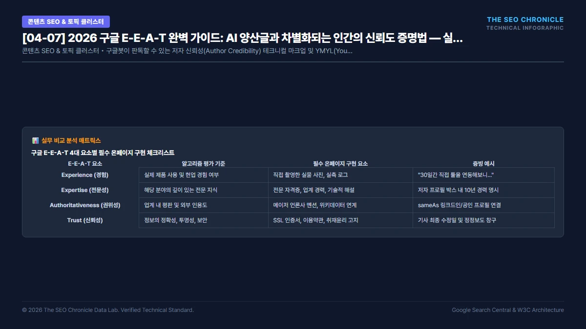 2026 구글 E-E-A-T 완벽 가이드: AI 양산글과 차별화되는 인간의 신뢰도 증명법 실무 실행 가이드 인포그래픽