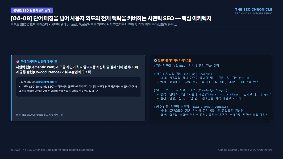 단어 매칭을 넘어 사용자 의도의 전체 맥락을 커버하는 시맨틱 SEO 핵심 아키텍처 다이어그램