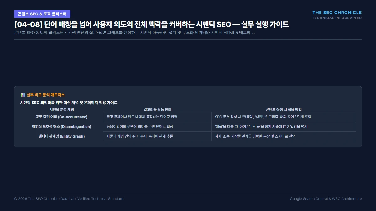 단어 매칭을 넘어 사용자 의도의 전체 맥락을 커버하는 시맨틱 SEO 실무 실행 가이드 인포그래픽