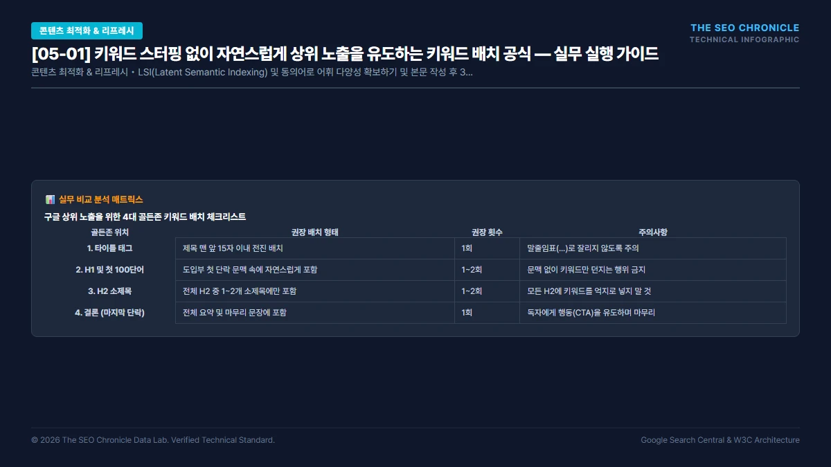 키워드 스터핑 없이 자연스럽게 상위 노출을 유도하는 키워드 배치 공식 실무 실행 가이드 인포그래픽