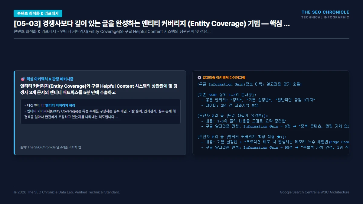 경쟁사보다 깊이 있는 글을 완성하는 엔티티 커버리지 (Entity Coverage) 기법 핵심 아키텍처 다이어그램