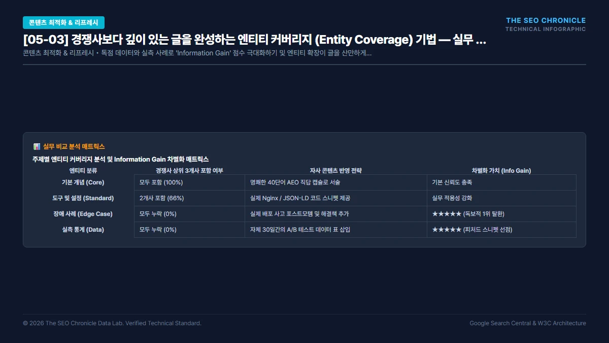 경쟁사보다 깊이 있는 글을 완성하는 엔티티 커버리지 (Entity Coverage) 기법 실무 실행 가이드 인포그래픽