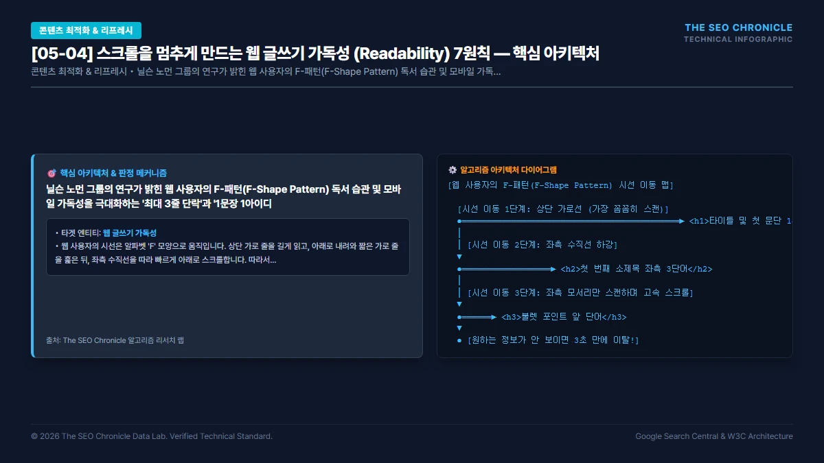 스크롤을 멈추게 만드는 웹 글쓰기 가독성 (Readability) 7원칙 핵심 아키텍처 다이어그램
