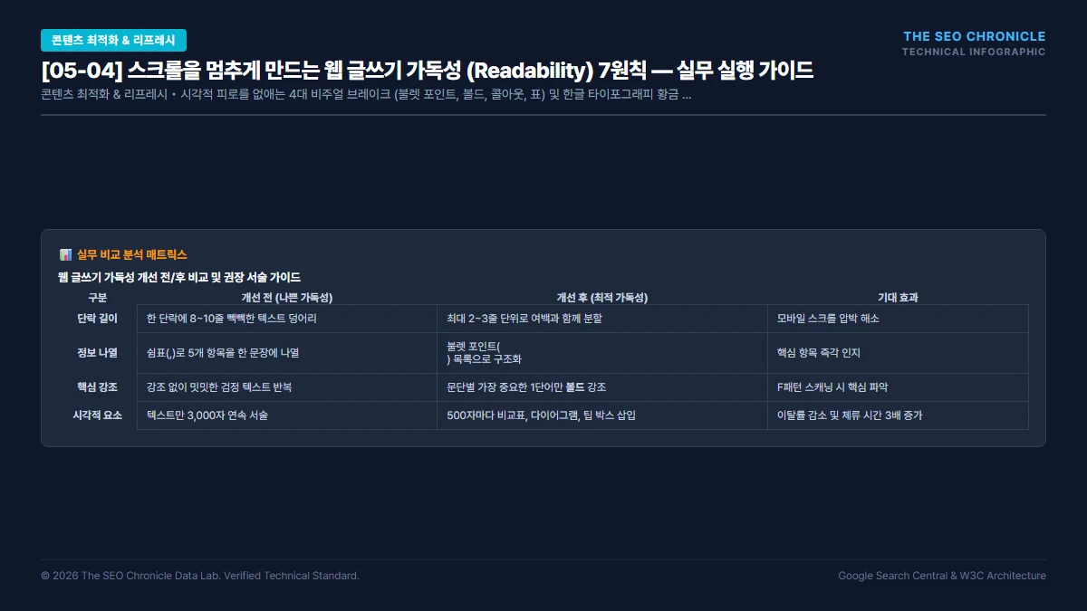 스크롤을 멈추게 만드는 웹 글쓰기 가독성 (Readability) 7원칙 실무 실행 가이드 인포그래픽