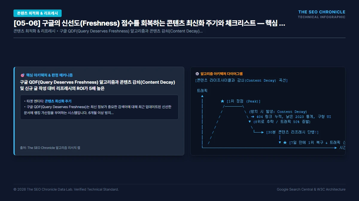 구글의 신선도(Freshness) 점수를 회복하는 콘텐츠 최신화 주기와 체크리스트 핵심 아키텍처 다이어그램