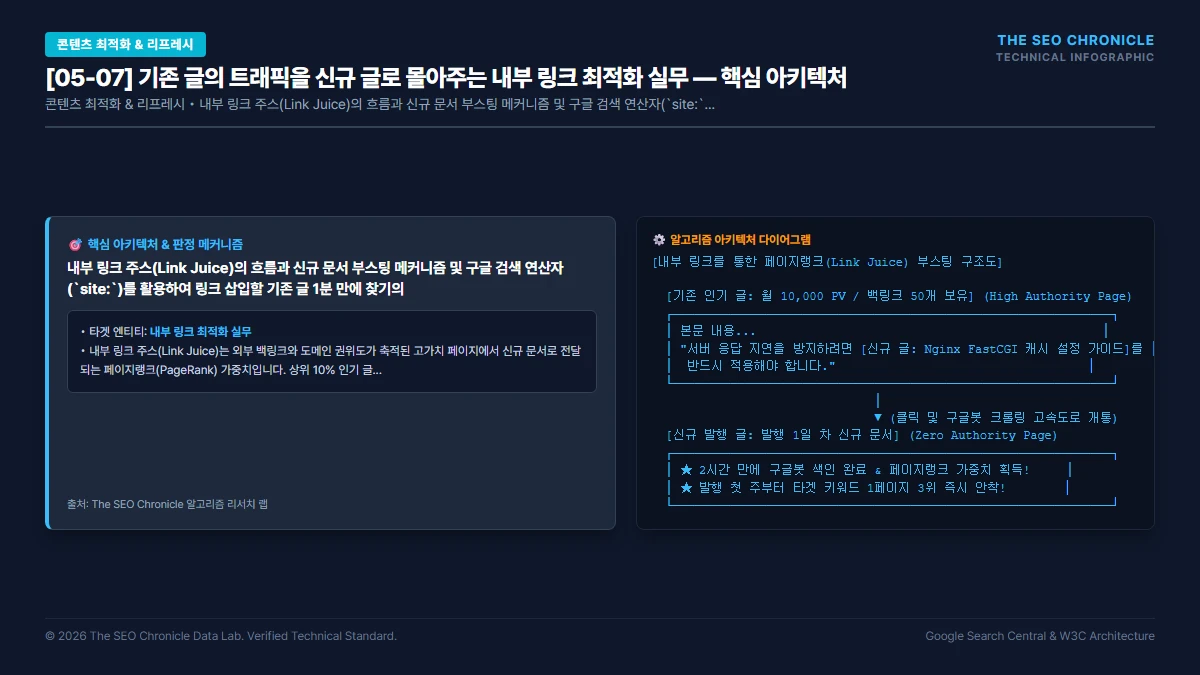 기존 글의 트래픽을 신규 글로 몰아주는 내부 링크 최적화 실무 핵심 아키텍처 다이어그램
