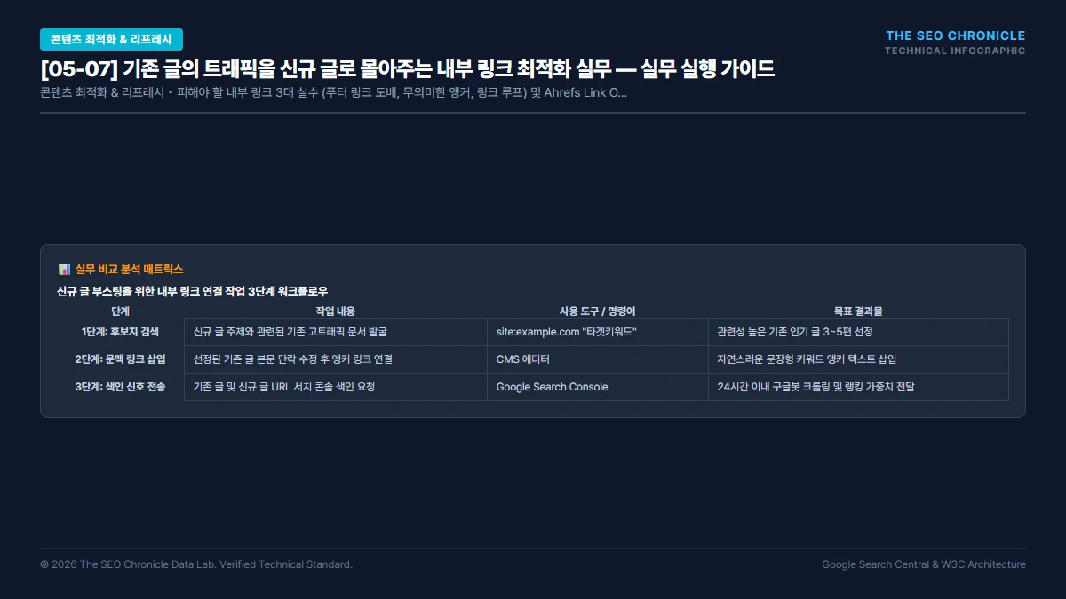 기존 글의 트래픽을 신규 글로 몰아주는 내부 링크 최적화 실무 실무 실행 가이드 인포그래픽