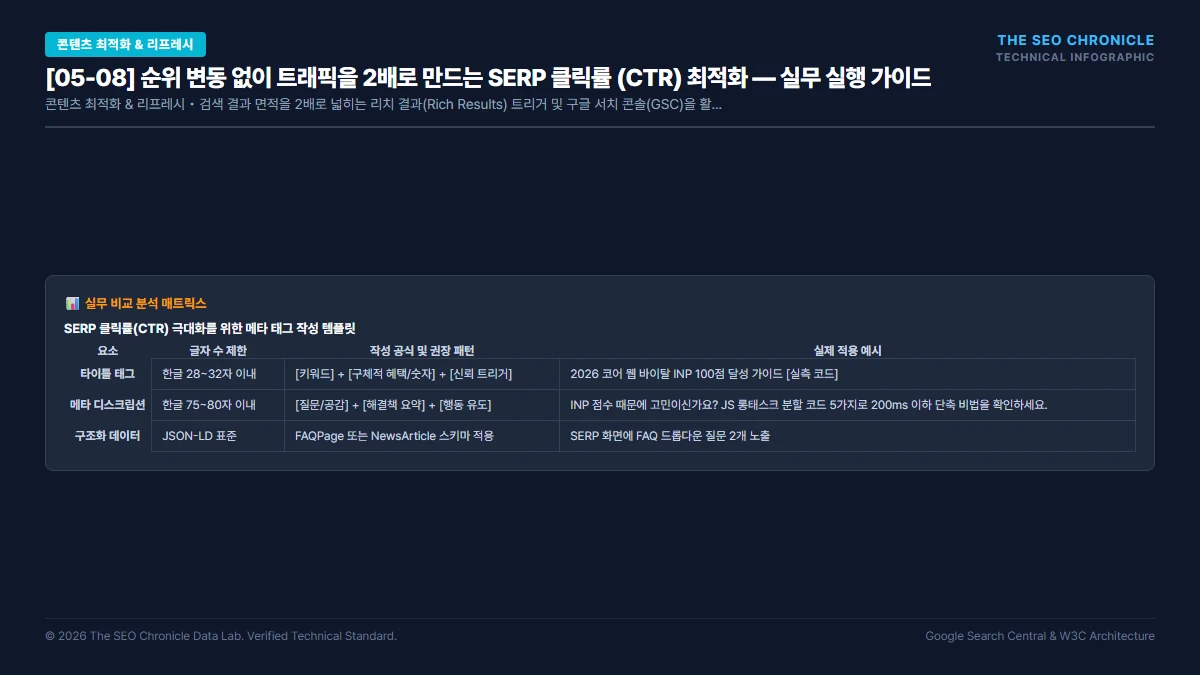 순위 변동 없이 트래픽을 2배로 만드는 SERP 클릭률 (CTR) 최적화 실무 실행 가이드 인포그래픽