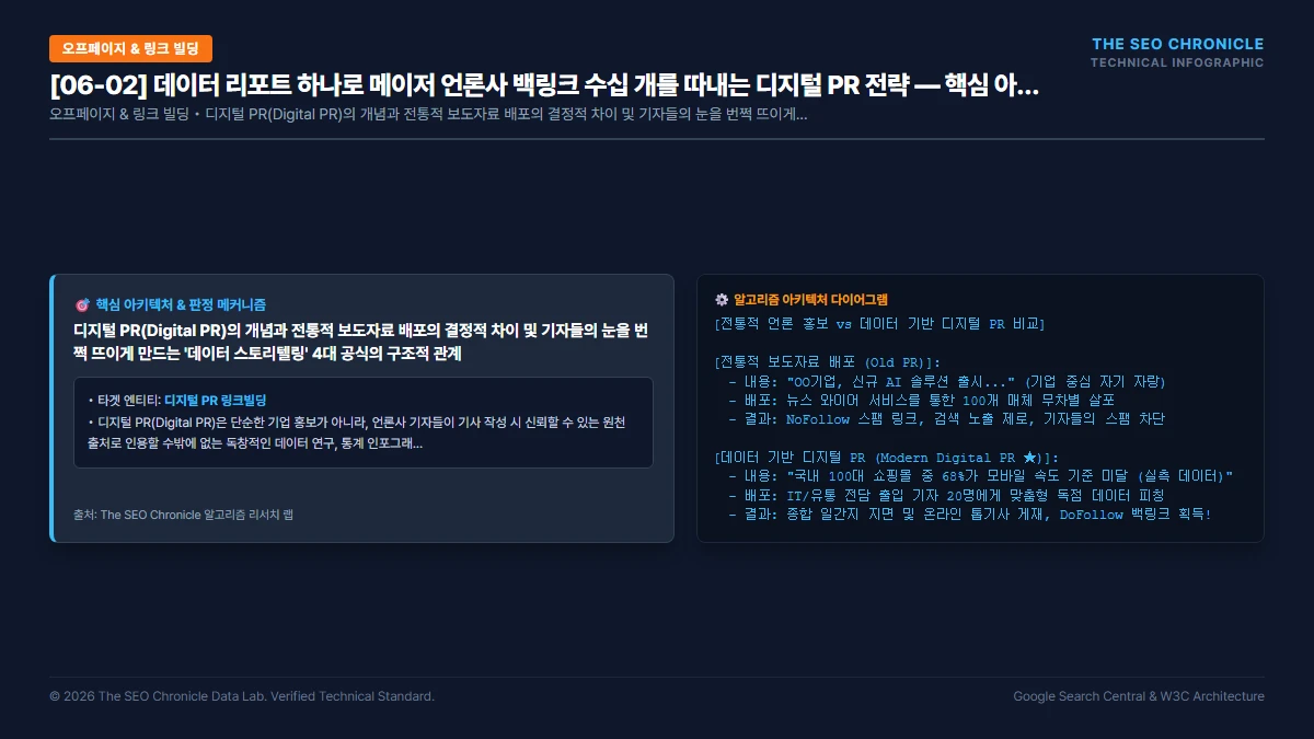 데이터 리포트 하나로 메이저 언론사 백링크 수십 개를 따내는 디지털 PR 전략 핵심 아키텍처 다이어그램