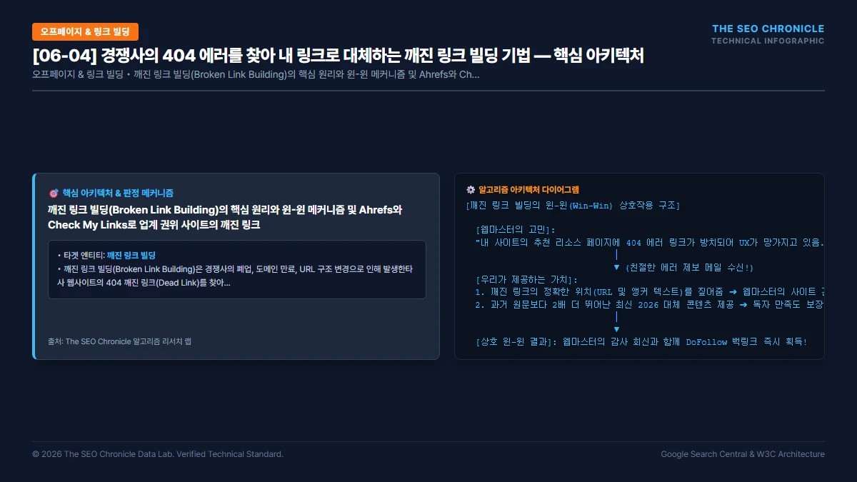 경쟁사의 404 에러를 찾아 내 링크로 대체하는 깨진 링크 빌딩 기법 핵심 아키텍처 다이어그램