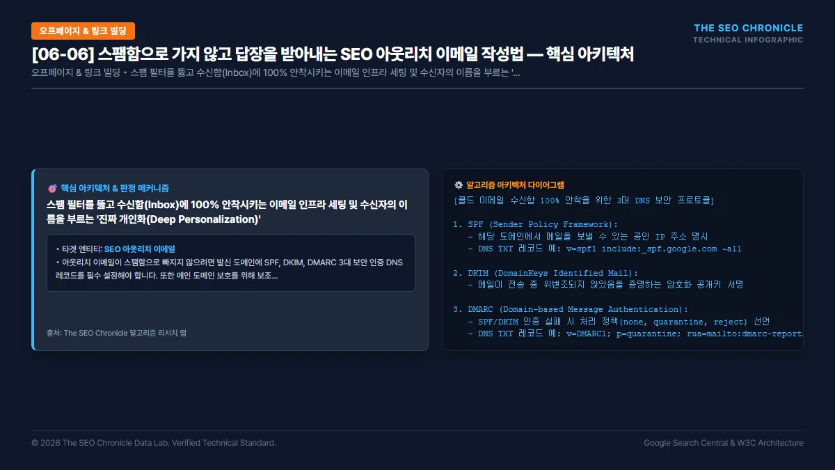 스팸함으로 가지 않고 답장을 받아내는 SEO 아웃리치 이메일 작성법 핵심 아키텍처 다이어그램