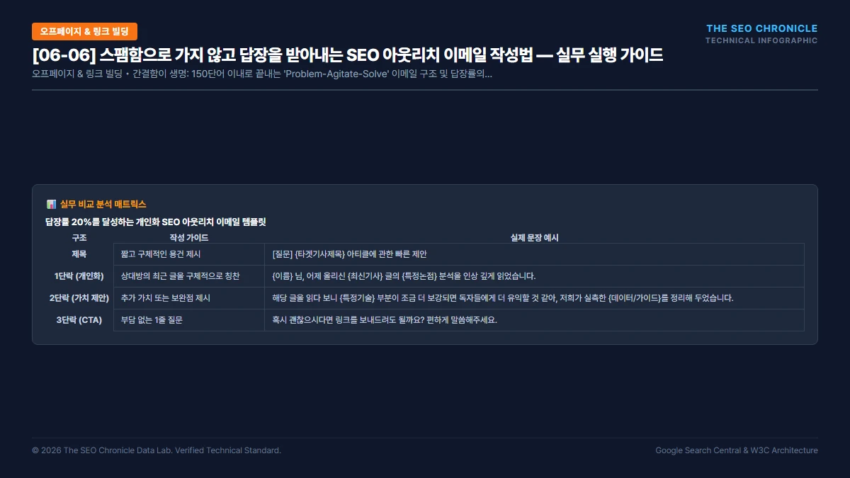 스팸함으로 가지 않고 답장을 받아내는 SEO 아웃리치 이메일 작성법 실무 실행 가이드 인포그래픽