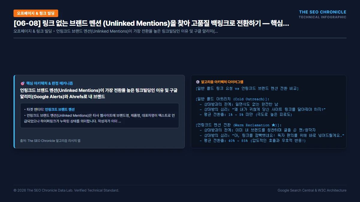 링크 없는 브랜드 멘션 (Unlinked Mentions)을 찾아 고품질 백링크로 전환하기 핵심 아키텍처 다이어그램