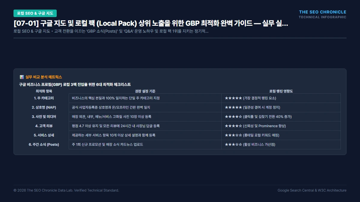 구글 지도 및 로컬 팩 (Local Pack) 상위 노출을 위한 GBP 최적화 완벽 가이드 실무 실행 가이드 인포그래픽