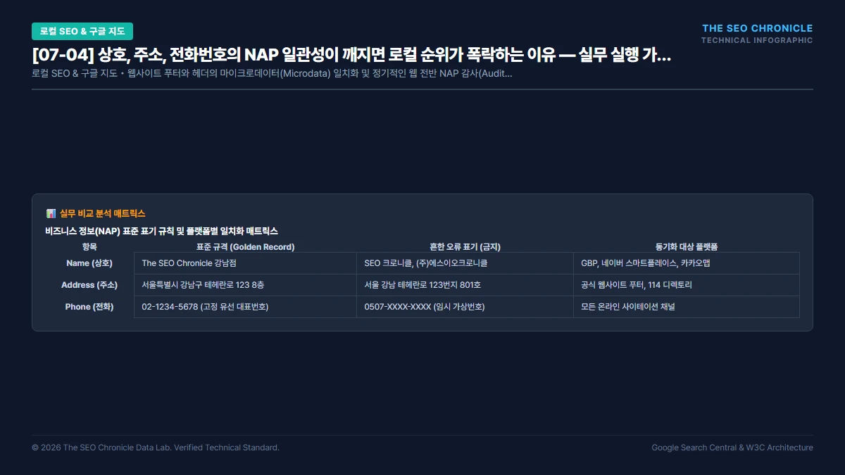상호, 주소, 전화번호의 NAP 일관성이 깨지면 로컬 순위가 폭락하는 이유 실무 실행 가이드 인포그래픽
