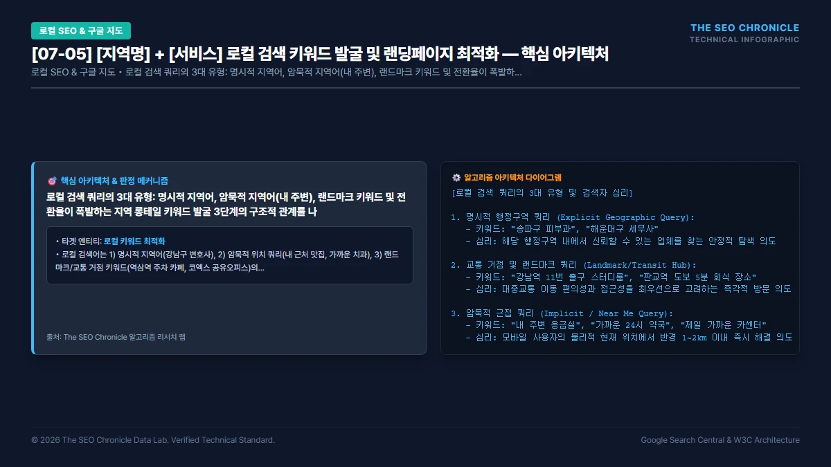 [지역명] + [서비스] 로컬 검색 키워드 발굴 및 랜딩페이지 최적화 핵심 아키텍처 다이어그램