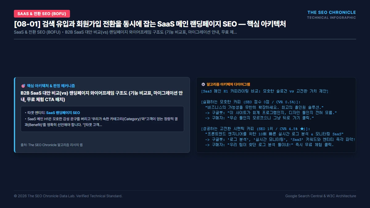 검색 유입과 회원가입 전환을 동시에 잡는 SaaS 메인 랜딩페이지 SEO 핵심 아키텍처 다이어그램