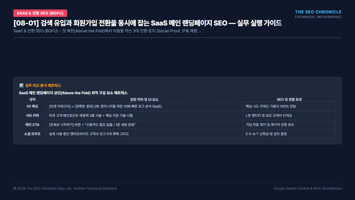 검색 유입과 회원가입 전환을 동시에 잡는 SaaS 메인 랜딩페이지 SEO 실무 실행 가이드 인포그래픽