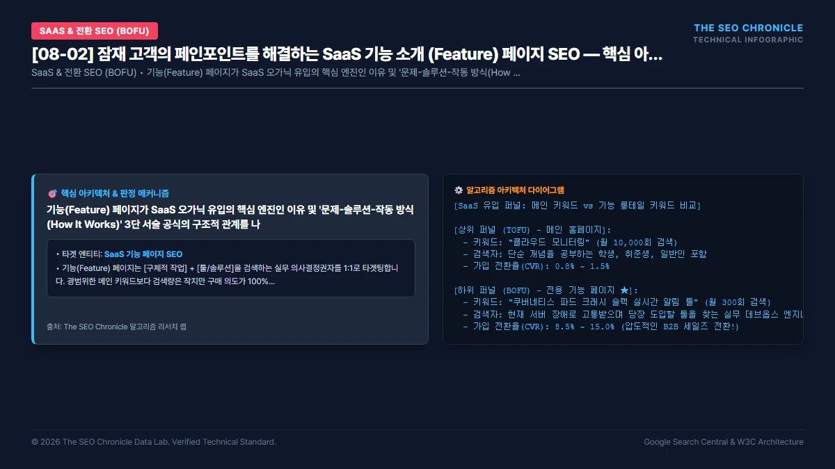 잠재 고객의 페인포인트를 해결하는 SaaS 기능 소개 (Feature) 페이지 SEO 핵심 아키텍처 다이어그램