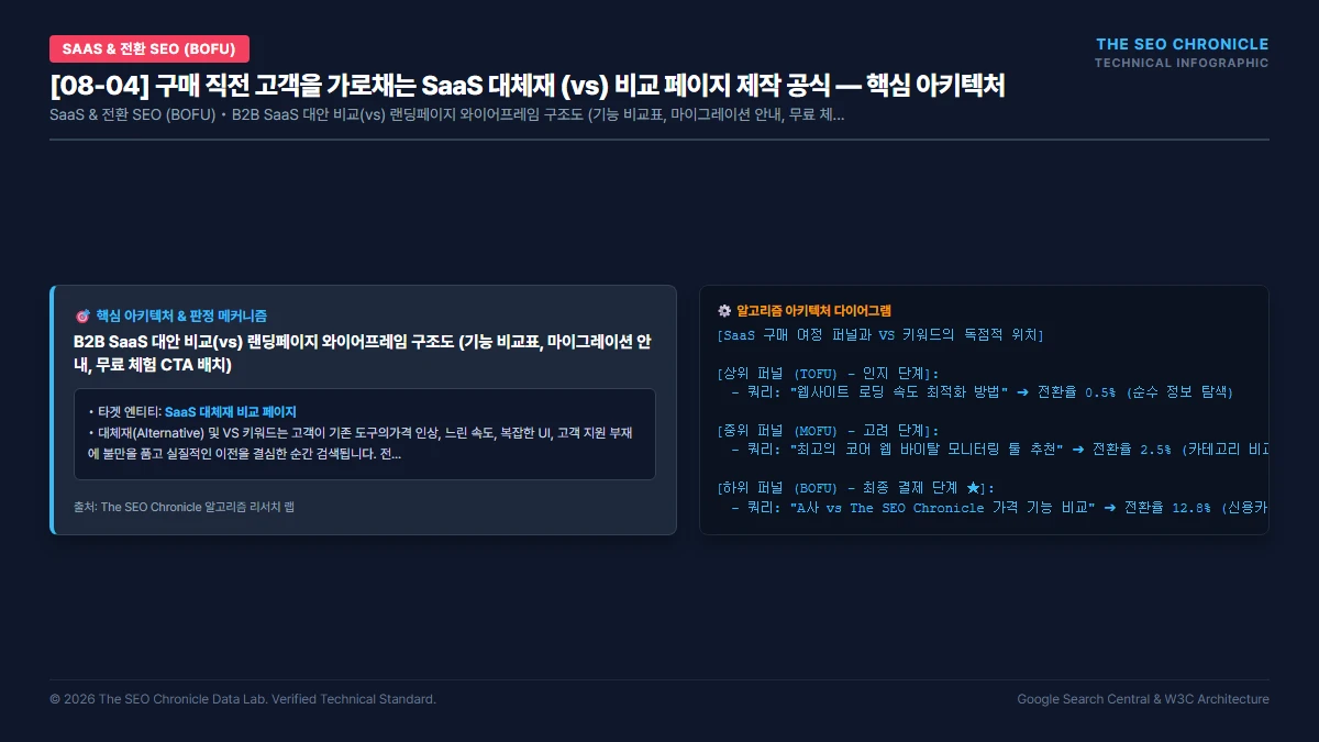 구매 직전 고객을 가로채는 SaaS 대체재 (vs) 비교 페이지 제작 공식 핵심 아키텍처 다이어그램