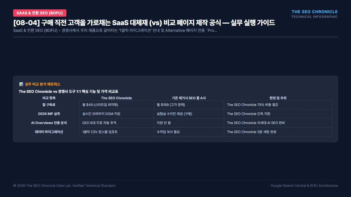 구매 직전 고객을 가로채는 SaaS 대체재 (vs) 비교 페이지 제작 공식 실무 실행 가이드 인포그래픽