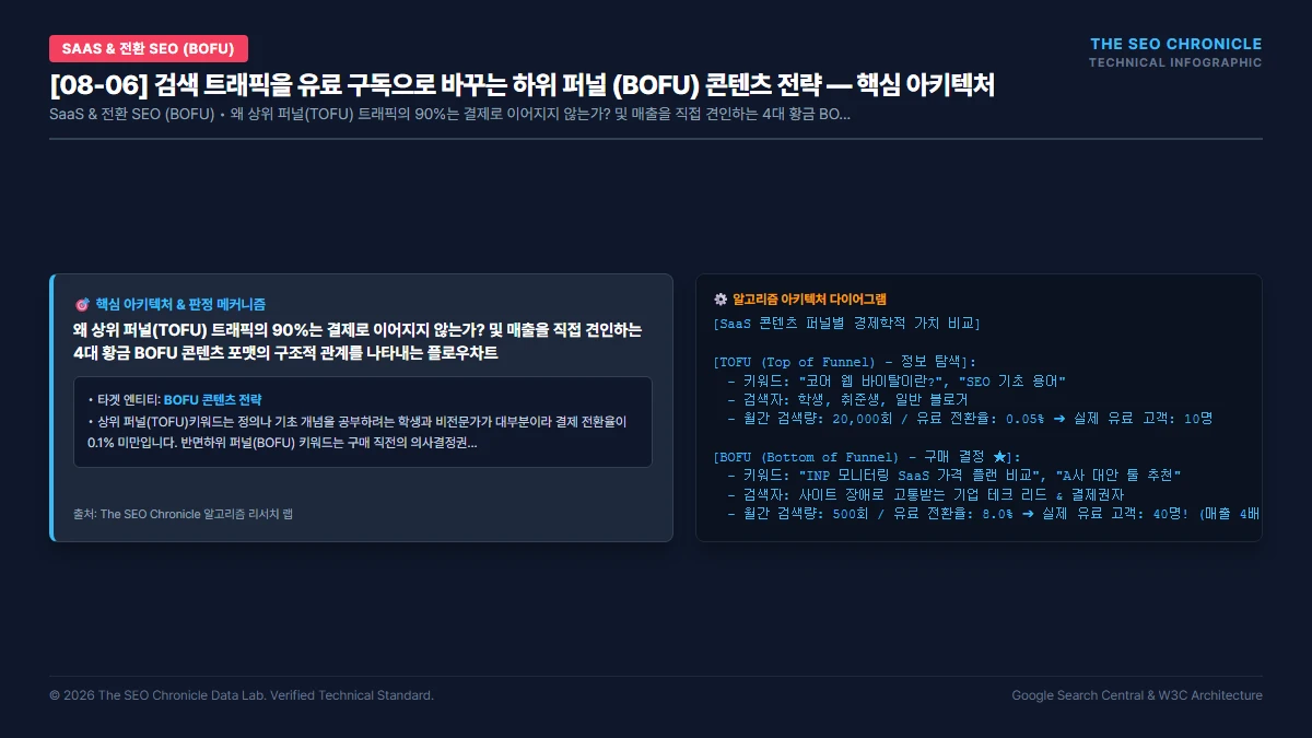 검색 트래픽을 유료 구독으로 바꾸는 하위 퍼널 (BOFU) 콘텐츠 전략 핵심 아키텍처 다이어그램