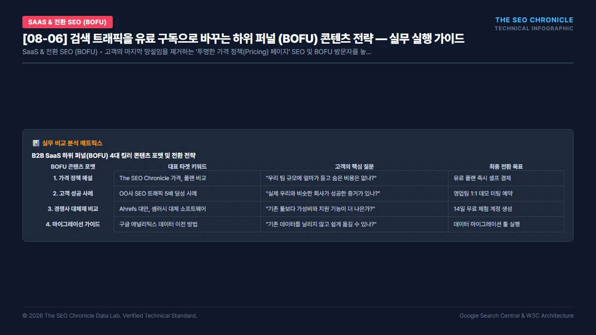 검색 트래픽을 유료 구독으로 바꾸는 하위 퍼널 (BOFU) 콘텐츠 전략 실무 실행 가이드 인포그래픽